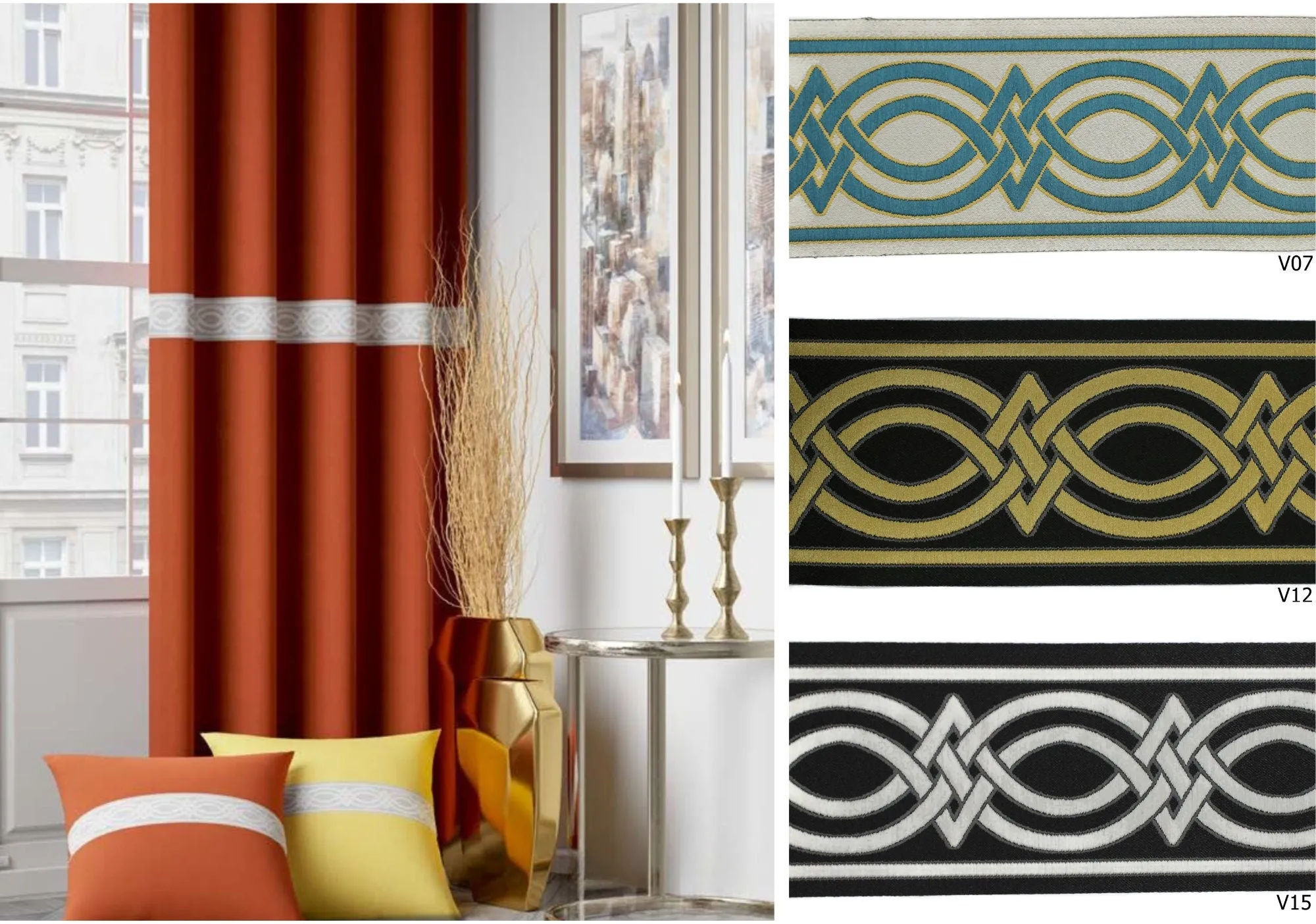 2.75" Spiral Embroidered Drapery Trims, 70mm Jacquard Trims, Sewing Trim, Curtain trims, Jacquard Ribbons, Drapery Banding 70027