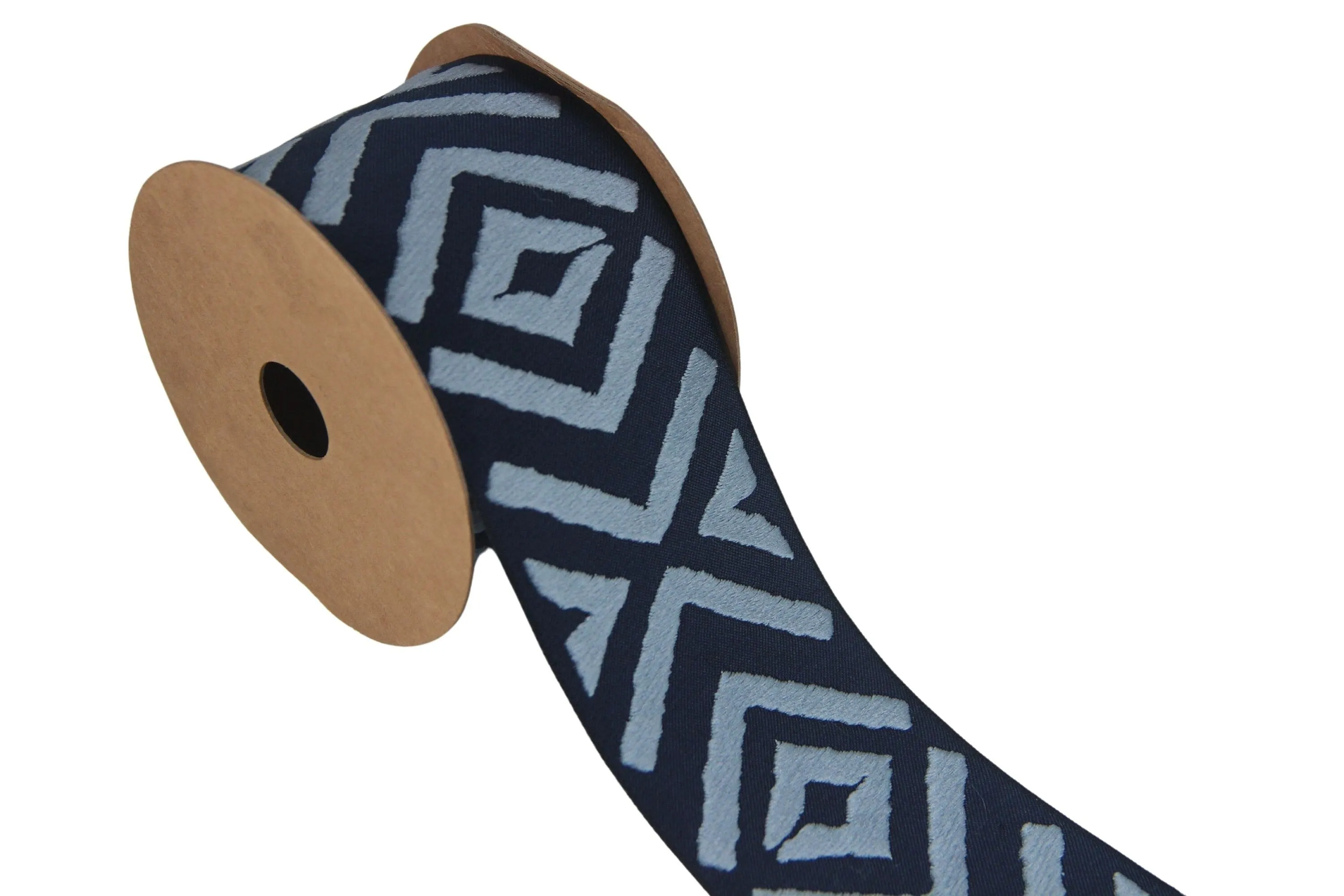 2.7" Embroidery Curtain Trim, Dark Blue and Light Blue Jacquard Ribbon for Curtains, Drapery Banding, Drapery Trim Tape, Woven Border 207 V6