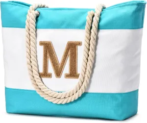 Becokan Initial Beach Bag Waterproof Canvas Beach Tote Bag Zipper Personalized Gifts for Women Her Birthday Travel Essentials