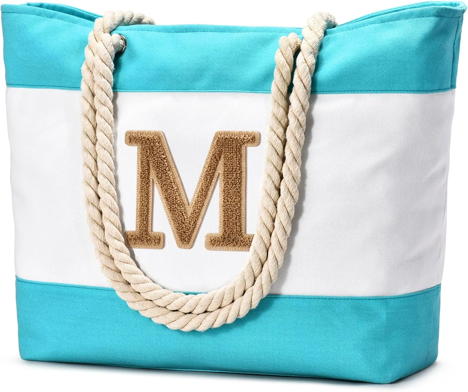Becokan Initial Beach Bag Waterproof Canvas Beach Tote Bag Zipper Personalized Gifts for Women Her Birthday Travel Essentials