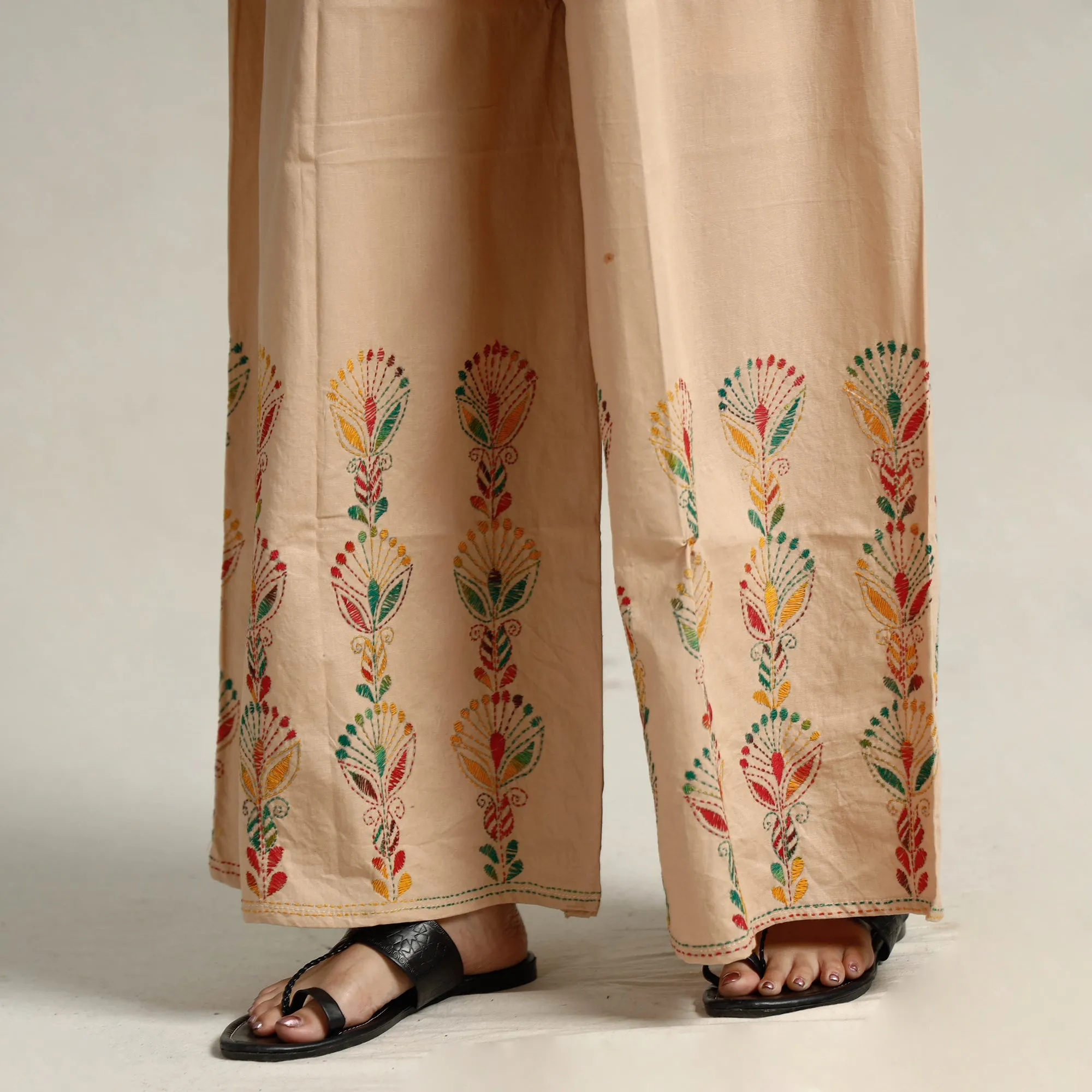 Brown - Bengal Kantha Embroidered Pure Cotton Palazzo 43