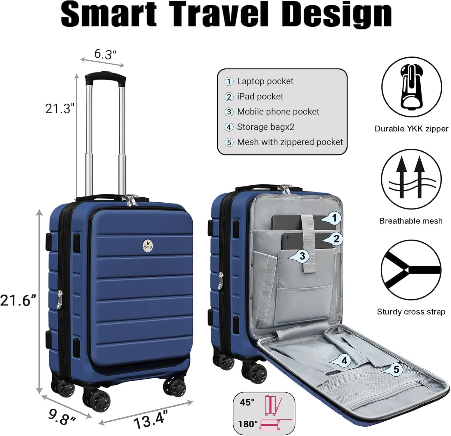 Classic 20" Carry-On Luggage Set with TSA Lock Spinner Wheels, Lightweight Hardside Expandable Suitcase with Front Open Pocket, Bonus Travel Backpack and Makeup Bag, Navy Blue