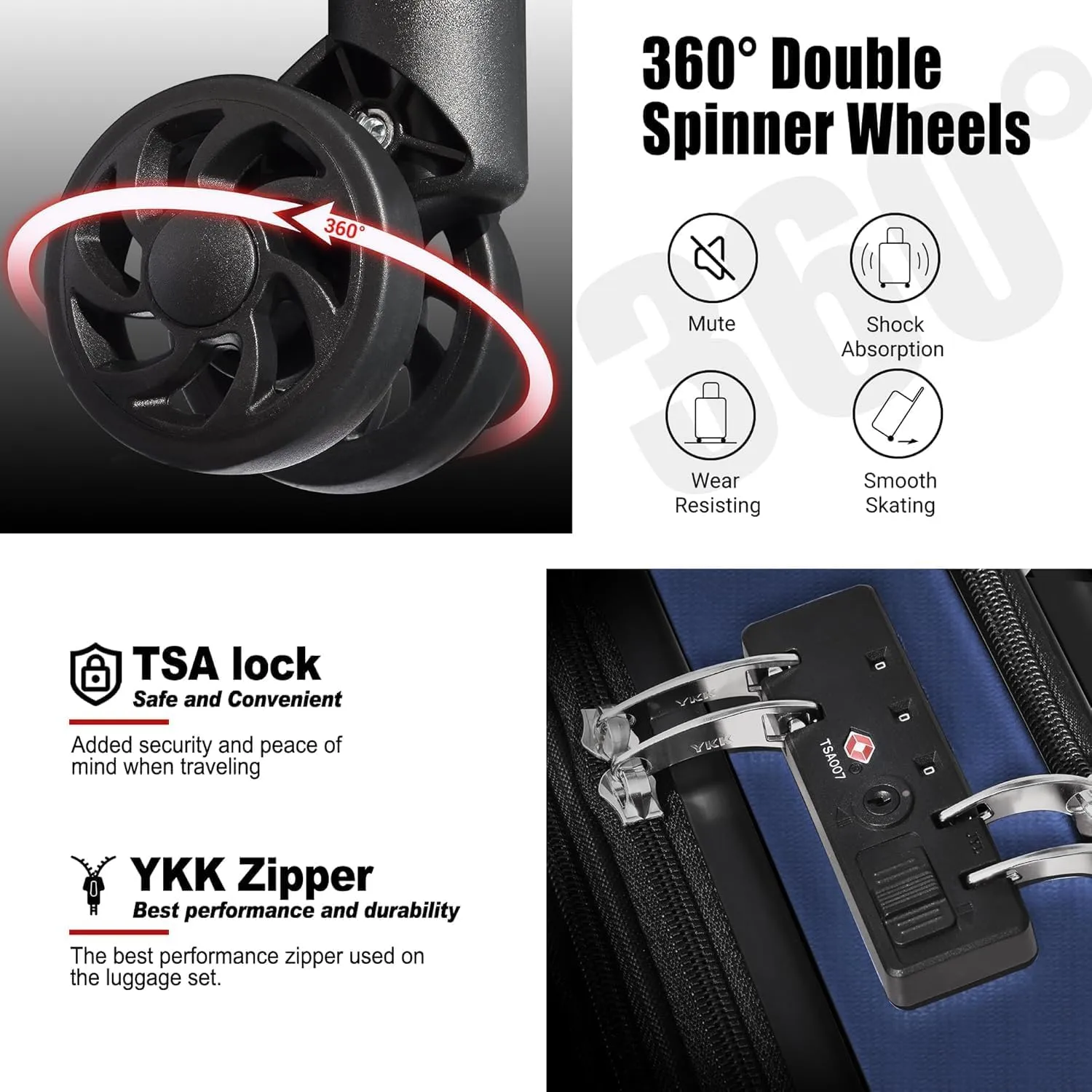Classic 20" Carry-On Luggage Set with TSA Lock Spinner Wheels, Lightweight Hardside Expandable Suitcase with Front Open Pocket, Bonus Travel Backpack and Makeup Bag, Navy Blue