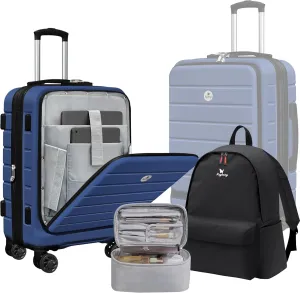 Classic 20" Carry-On Luggage Set with TSA Lock Spinner Wheels, Lightweight Hardside Expandable Suitcase with Front Open Pocket, Bonus Travel Backpack and Makeup Bag, Navy Blue