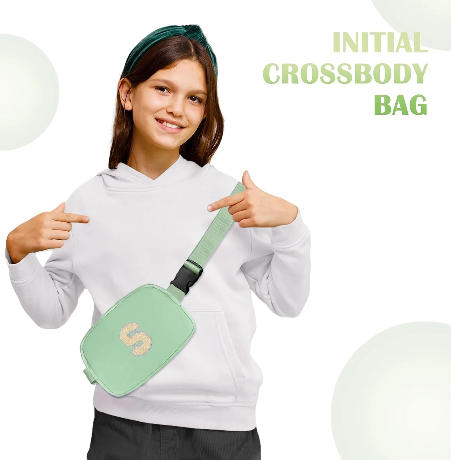COSHAYSOO Green Belt Bag Crossbody Initial Fanny Waist Pack Small for Teenage Girls Women Traveling Must Have Cross Body Purse Preppy Monogrammed Birthday Christmas Gift Girly Stuff Letter S