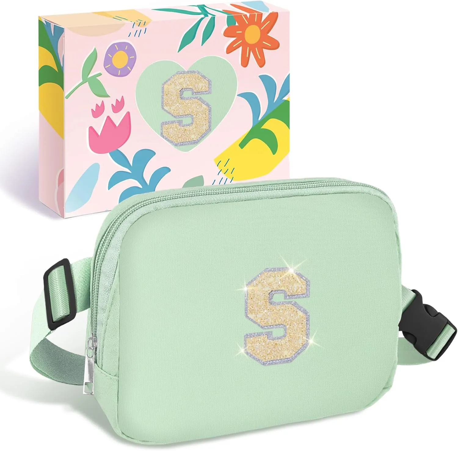 COSHAYSOO Green Belt Bag Crossbody Initial Fanny Waist Pack Small for Teenage Girls Women Traveling Must Have Cross Body Purse Preppy Monogrammed Birthday Christmas Gift Girly Stuff Letter S