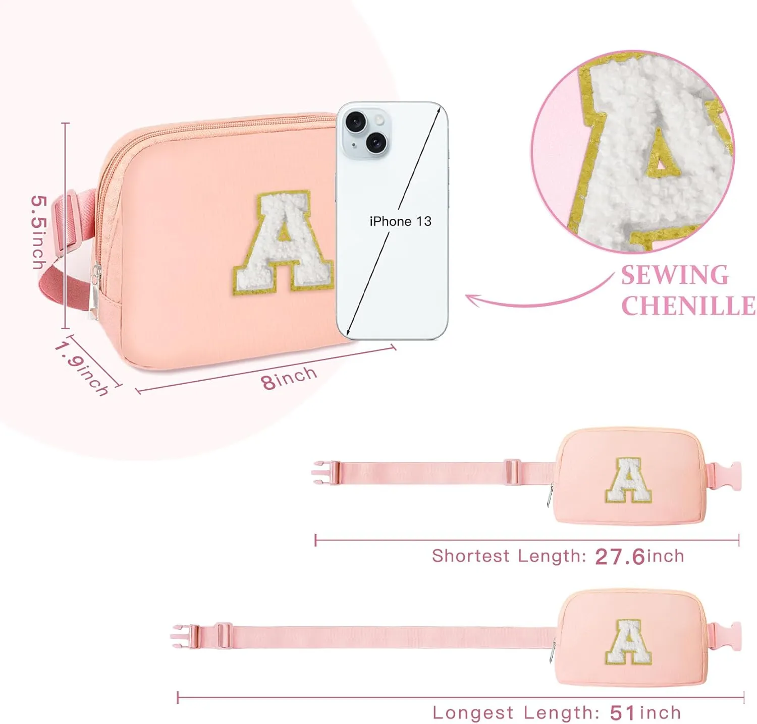 COSHAYSOO Pink Belt Bag Small Waist Fanny Pack Mini Crossbody Purse with Initial Letter Patch for Teen Girl Women Cross Body Travel Chest Pouch Trendy Easter Birthday Christmas Preppy Gift A