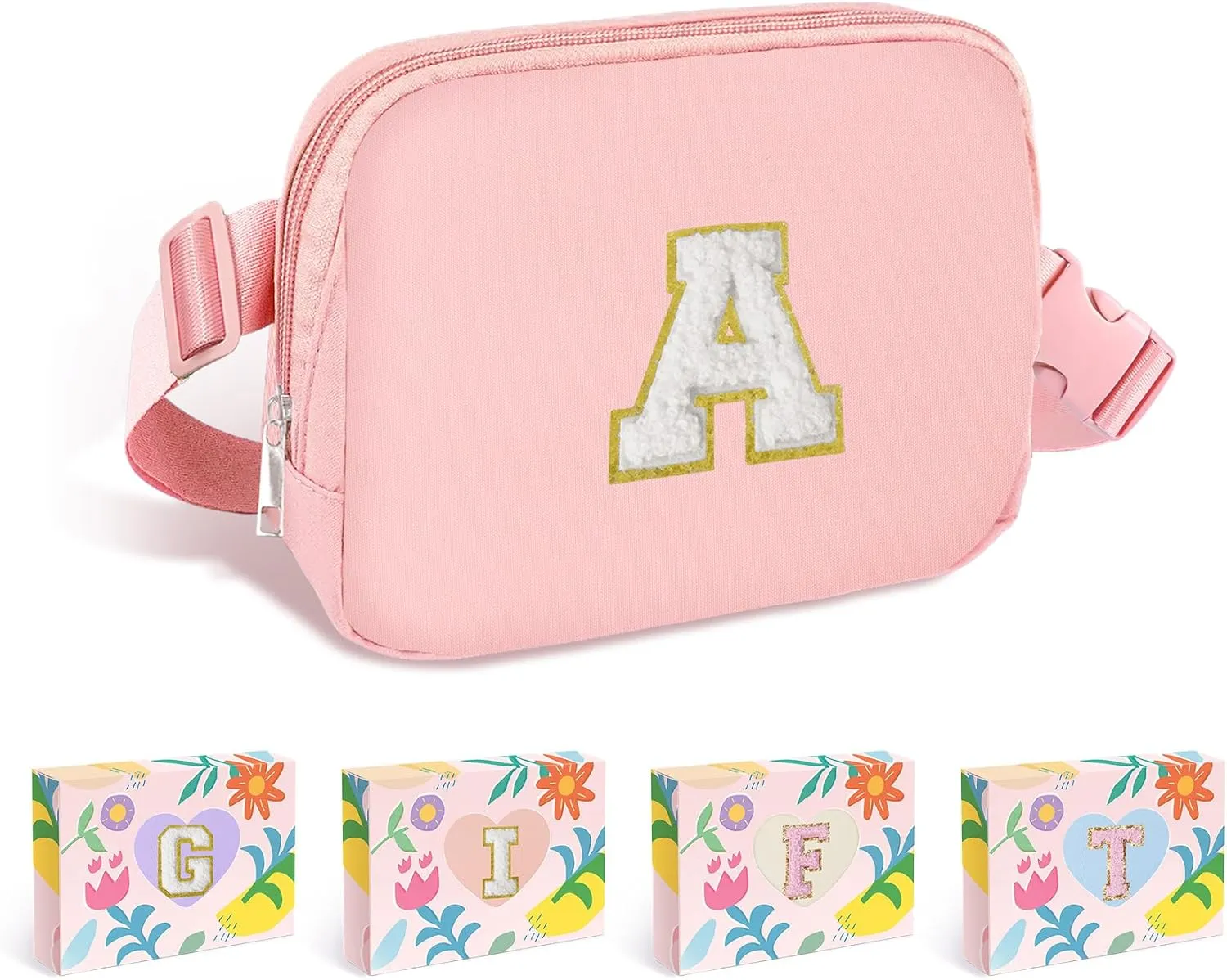 COSHAYSOO Pink Belt Bag Small Waist Fanny Pack Mini Crossbody Purse with Initial Letter Patch for Teen Girl Women Cross Body Travel Chest Pouch Trendy Easter Birthday Christmas Preppy Gift A