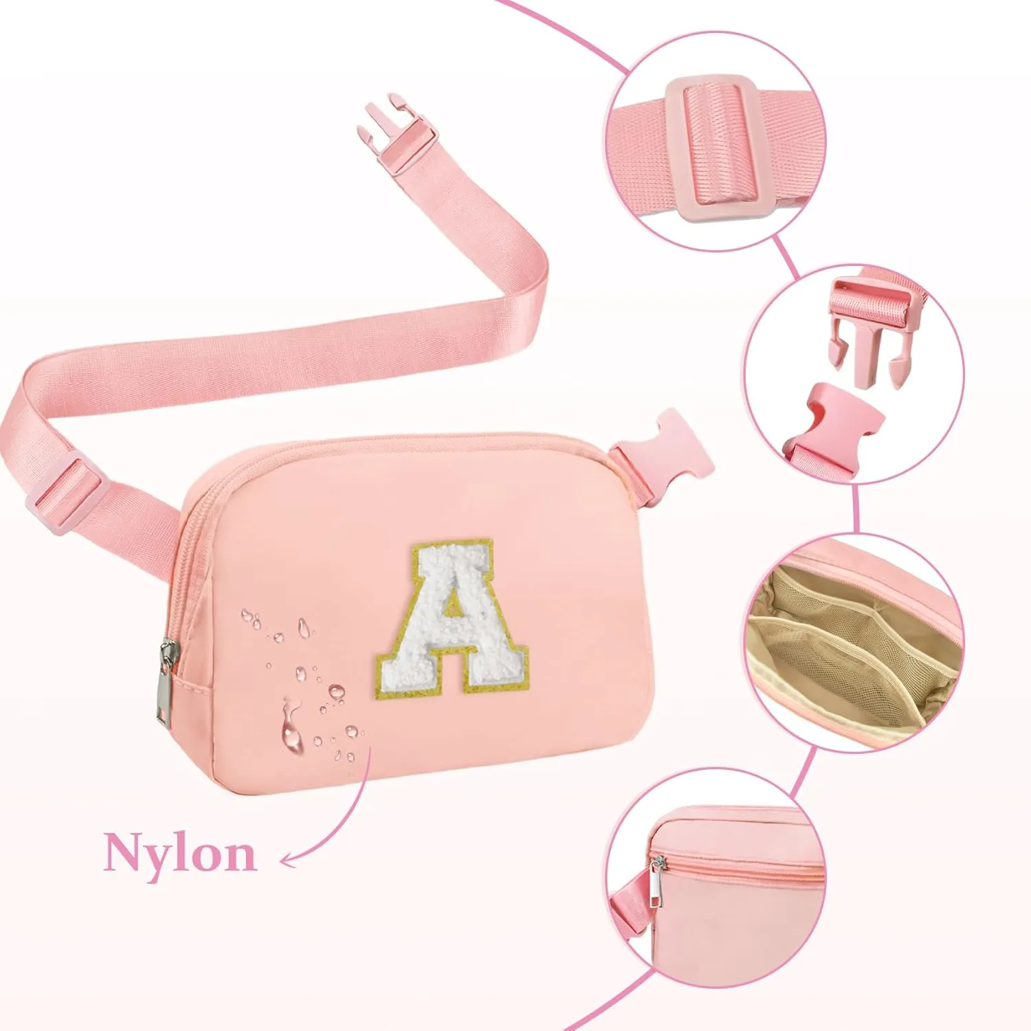COSHAYSOO Pink Belt Bag Small Waist Fanny Pack Mini Crossbody Purse with Initial Letter Patch for Teen Girl Women Cross Body Travel Chest Pouch Trendy Easter Birthday Christmas Preppy Gift A