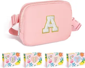 COSHAYSOO Pink Belt Bag Small Waist Fanny Pack Mini Crossbody Purse with Initial Letter Patch for Teen Girl Women Cross Body Travel Chest Pouch Trendy Easter Birthday Christmas Preppy Gift A
