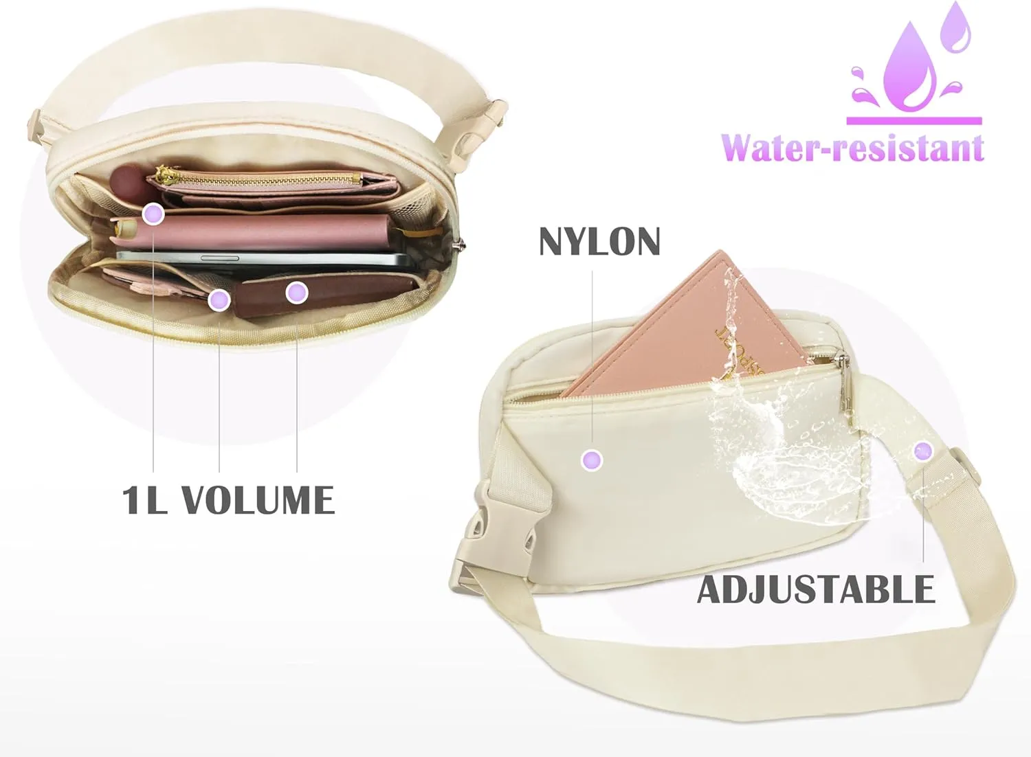 COSHAYSOO Small Waist Fanny Pack Belt Bag with Initial Letter Patch Adjustable Strap for Women Girl Friend Runner Running Traveling, Mini Crossbody Travel Purse Trendy Unique Preppy Pouch Ivory (B)