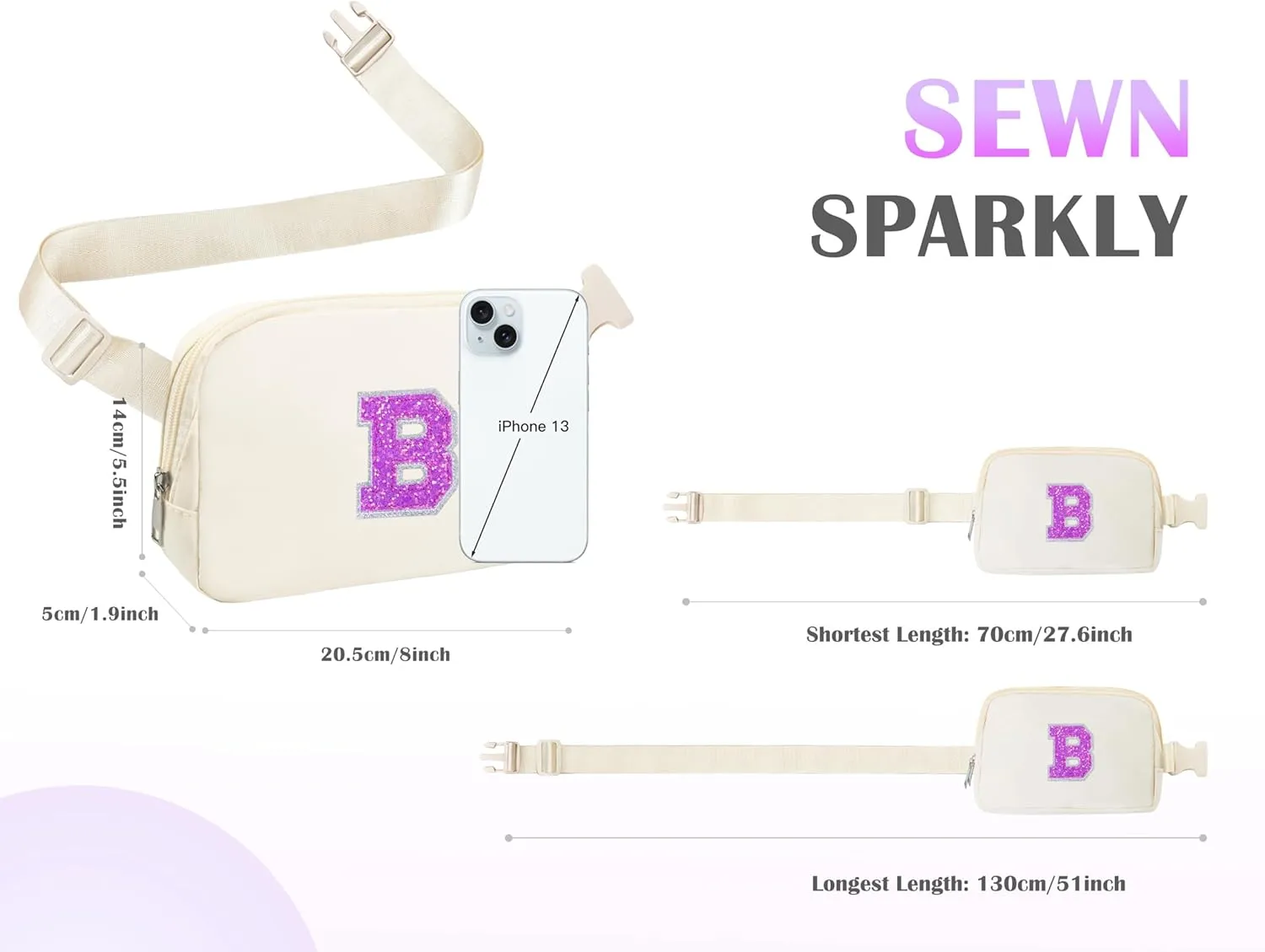 COSHAYSOO Small Waist Fanny Pack Belt Bag with Initial Letter Patch Adjustable Strap for Women Girl Friend Runner Running Traveling, Mini Crossbody Travel Purse Trendy Unique Preppy Pouch Ivory (B)
