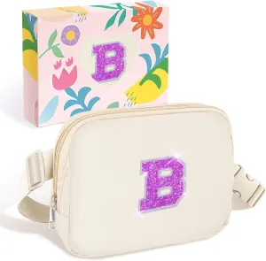 COSHAYSOO Small Waist Fanny Pack Belt Bag with Initial Letter Patch Adjustable Strap for Women Girl Friend Runner Running Traveling, Mini Crossbody Travel Purse Trendy Unique Preppy Pouch Ivory (B)
