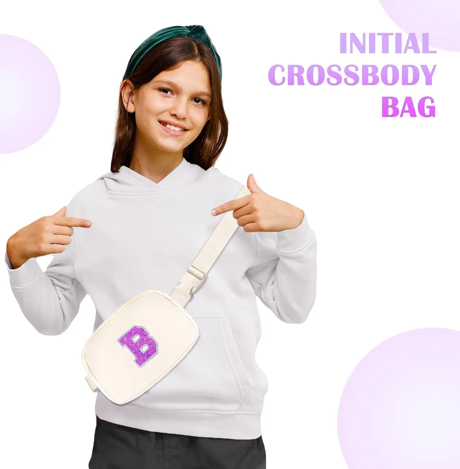 COSHAYSOO Small Waist Fanny Pack Belt Bag with Initial Letter Patch Adjustable Strap for Women Girl Friend Runner Running Traveling, Mini Crossbody Travel Purse Trendy Unique Preppy Pouch Ivory (B)