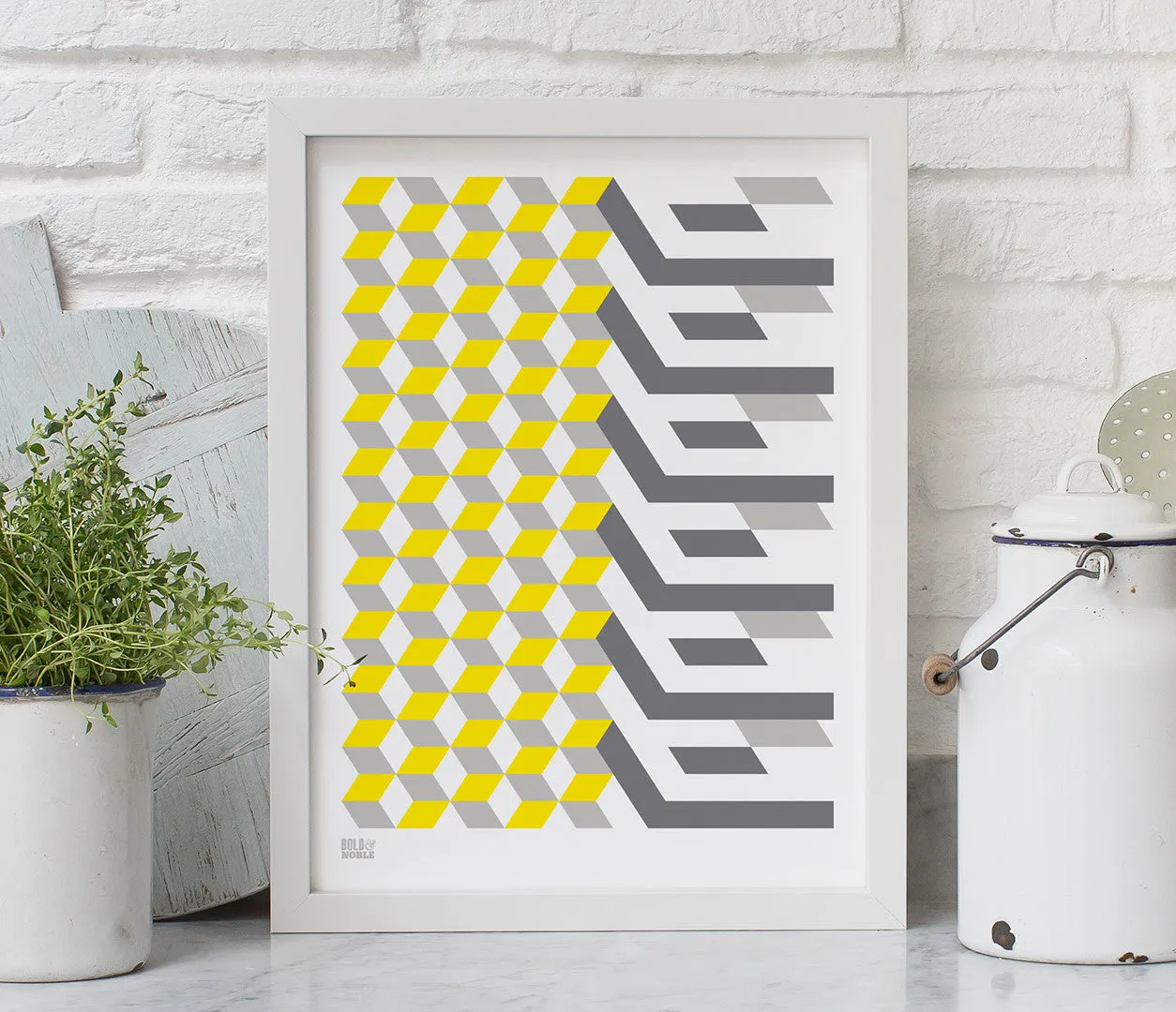 Geometric 'Cube' Art Print in Yellow/Grey