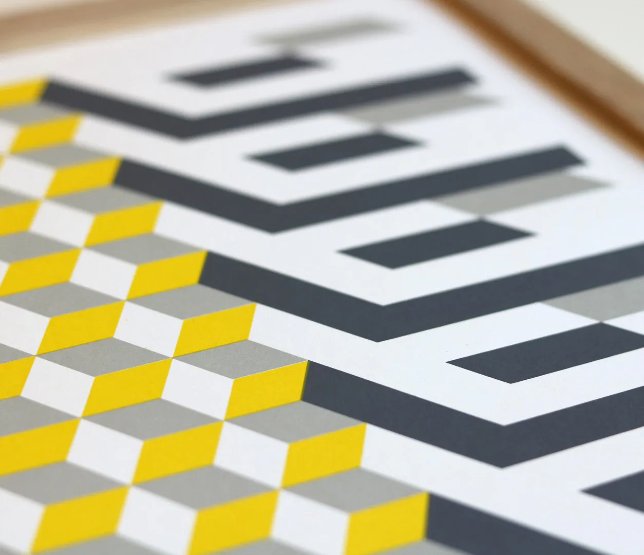 Geometric 'Cube' Art Print in Yellow/Grey
