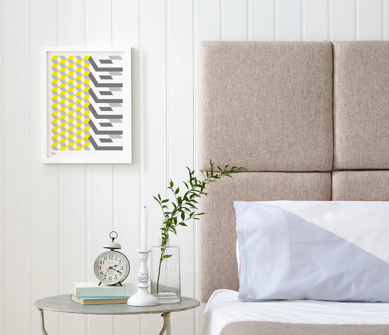 Geometric 'Cube' Art Print in Yellow/Grey