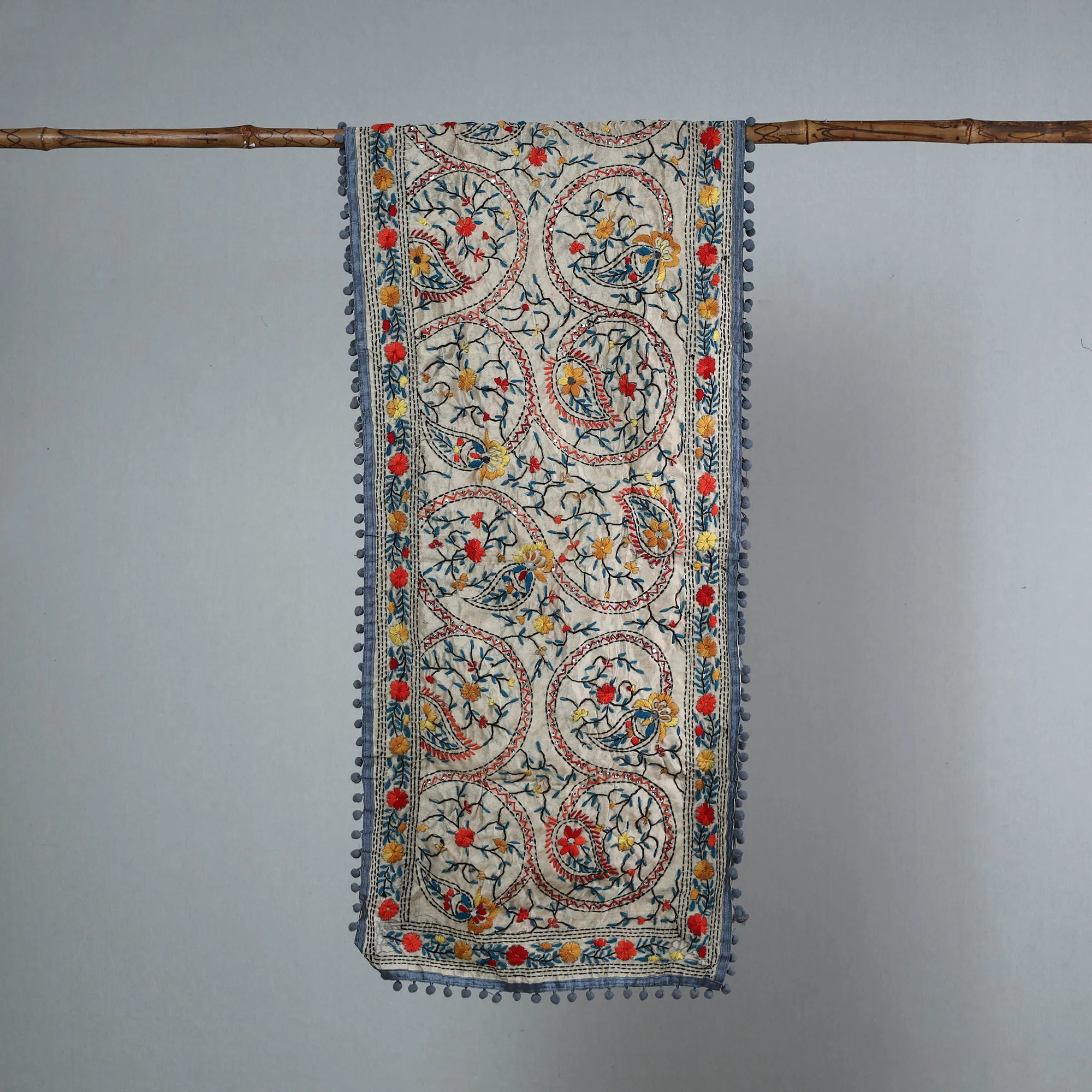 Grey - Ranihati Chanderi Silk Phulkari Embroidered Stole 43