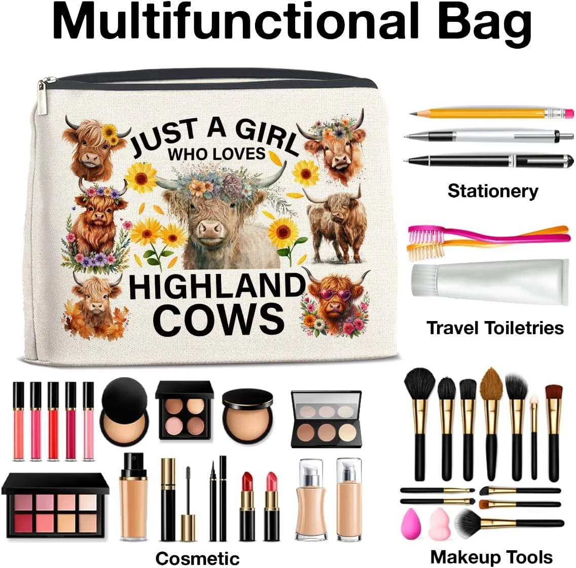 Highland Cows Gifts Makeup Bag Cow Lover Gifts for Women Girls Just a Girl Who Loves Highland Cows Zipper Makeup Pouch
