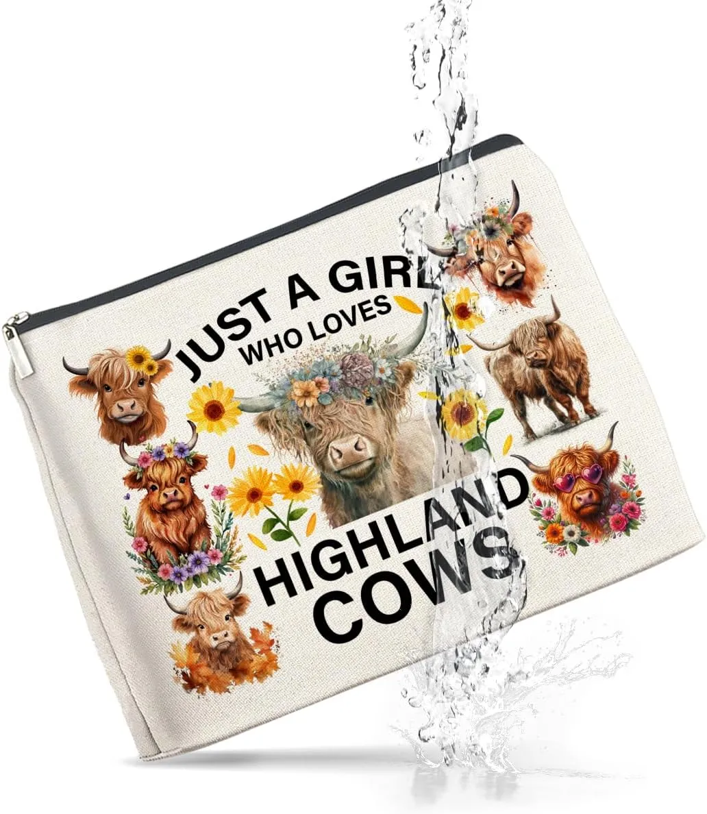 Highland Cows Gifts Makeup Bag Cow Lover Gifts for Women Girls Just a Girl Who Loves Highland Cows Zipper Makeup Pouch