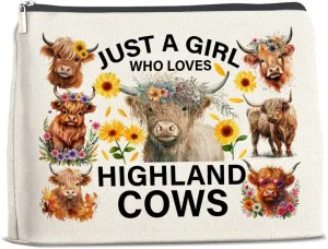 Highland Cows Gifts Makeup Bag Cow Lover Gifts for Women Girls Just a Girl Who Loves Highland Cows Zipper Makeup Pouch
