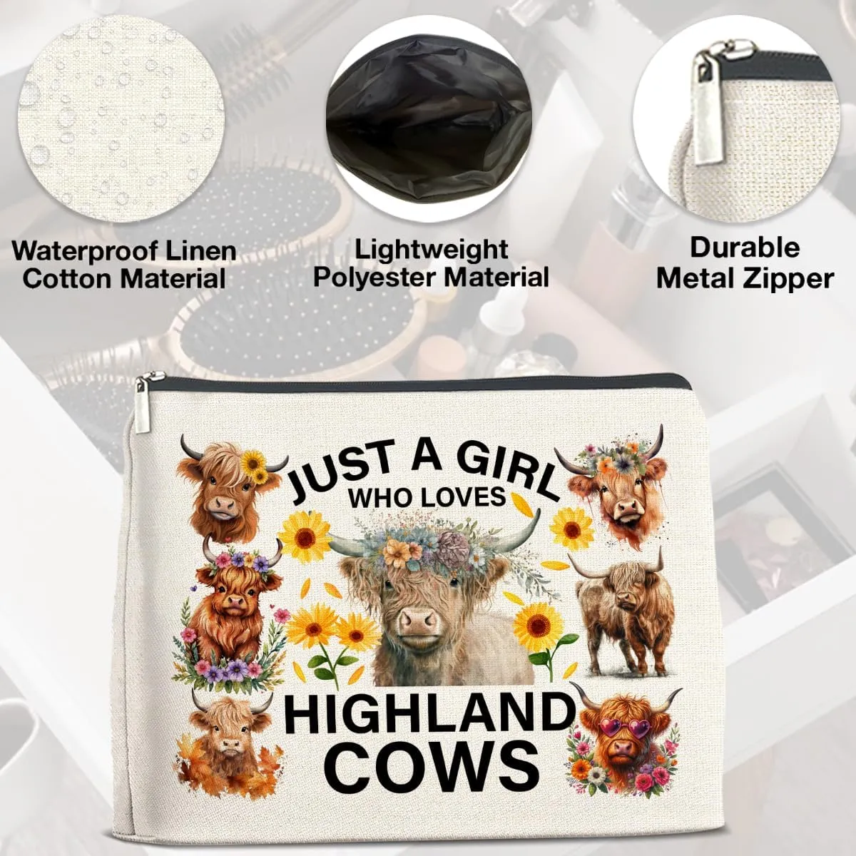 Highland Cows Gifts Makeup Bag Cow Lover Gifts for Women Girls Just a Girl Who Loves Highland Cows Zipper Makeup Pouch