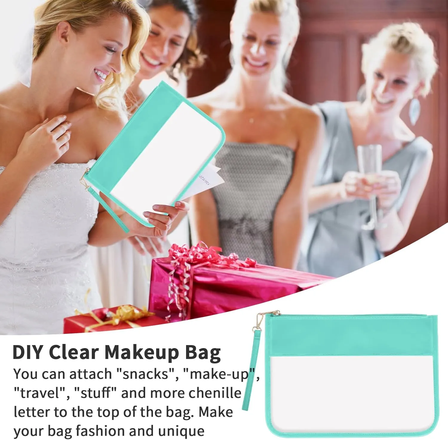 Iqimott Clear Zipper Pouch, DIY Clear Makeup Cosmetic Bag Purse for Women Girls, Chenille Letter Travel Toiletry Bag(Green)