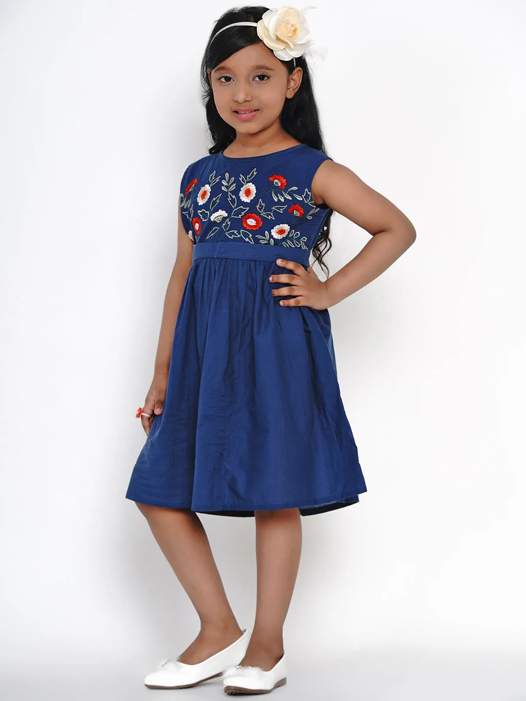 Jashvi Girls Blue Embroidered Fit and Flare Dress