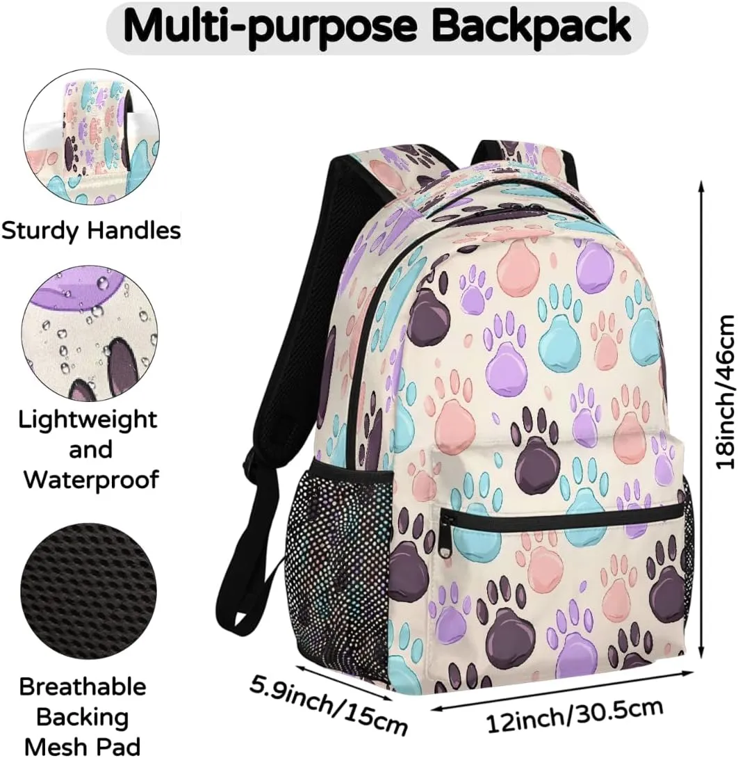 Lightweight Travel Backpack, Cat Dog Cute Animal Paws Large Capacity Bookbag, Waterproof Travel Bag Casual Daypack for Men Women Adults
