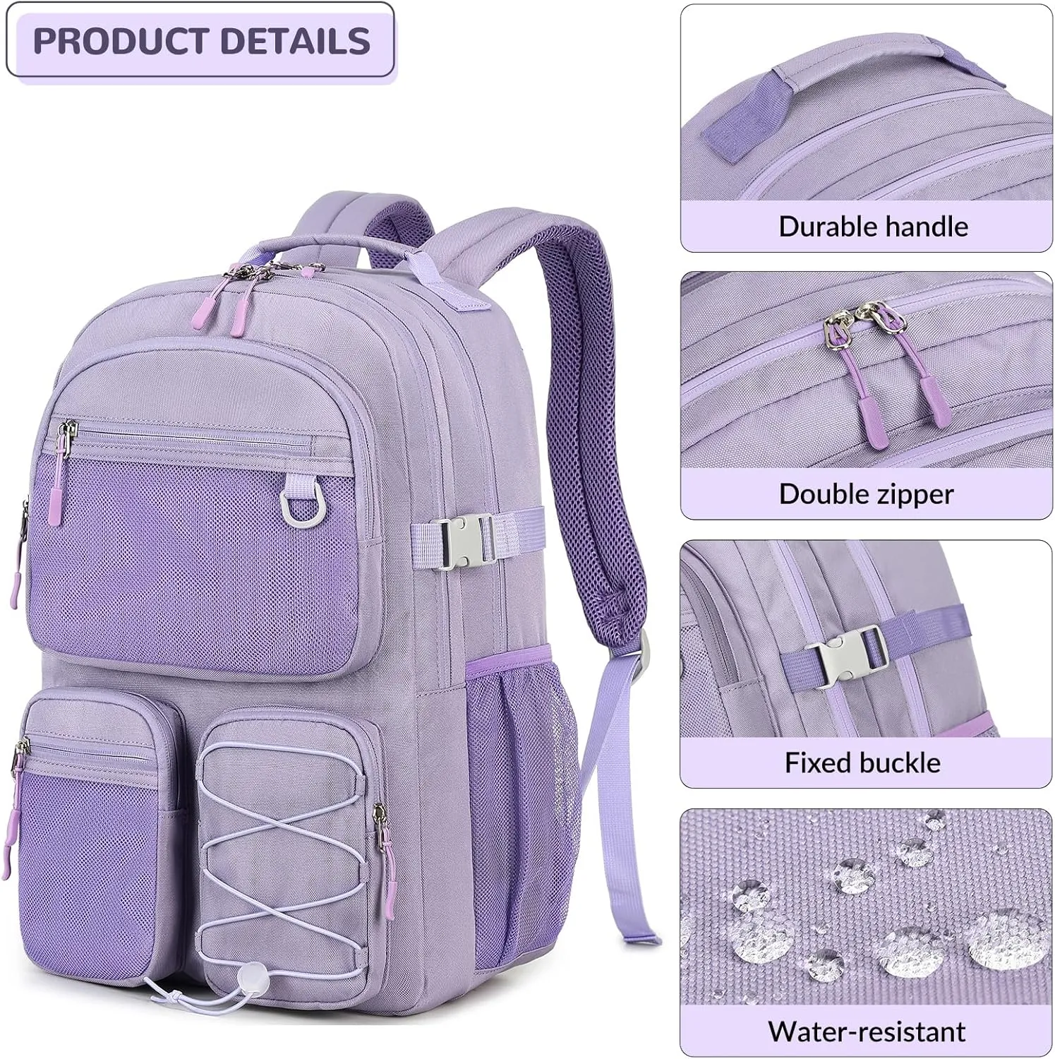 Lohol Water Resistant Backpack with Mulitiple Pockets for Travel Outdoor College, 15.6 inch Laptop Bookbag for Girl and Women (Purple)