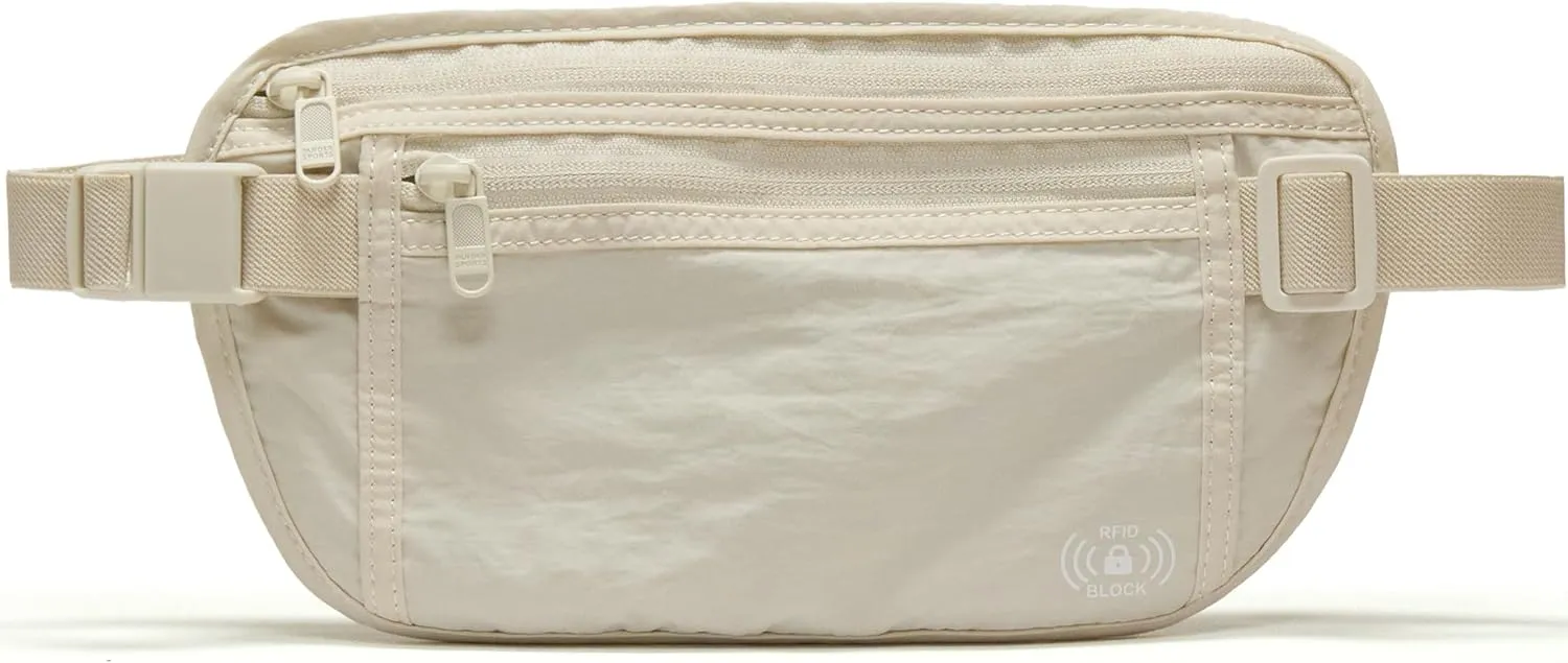 Pander Unisex RFID Anti Theft Waist Pouch Money Belt for Travel, Blocking Hidden Wallet Belt Bag for Women, Protects Your Valuables and Data. (White Opal)