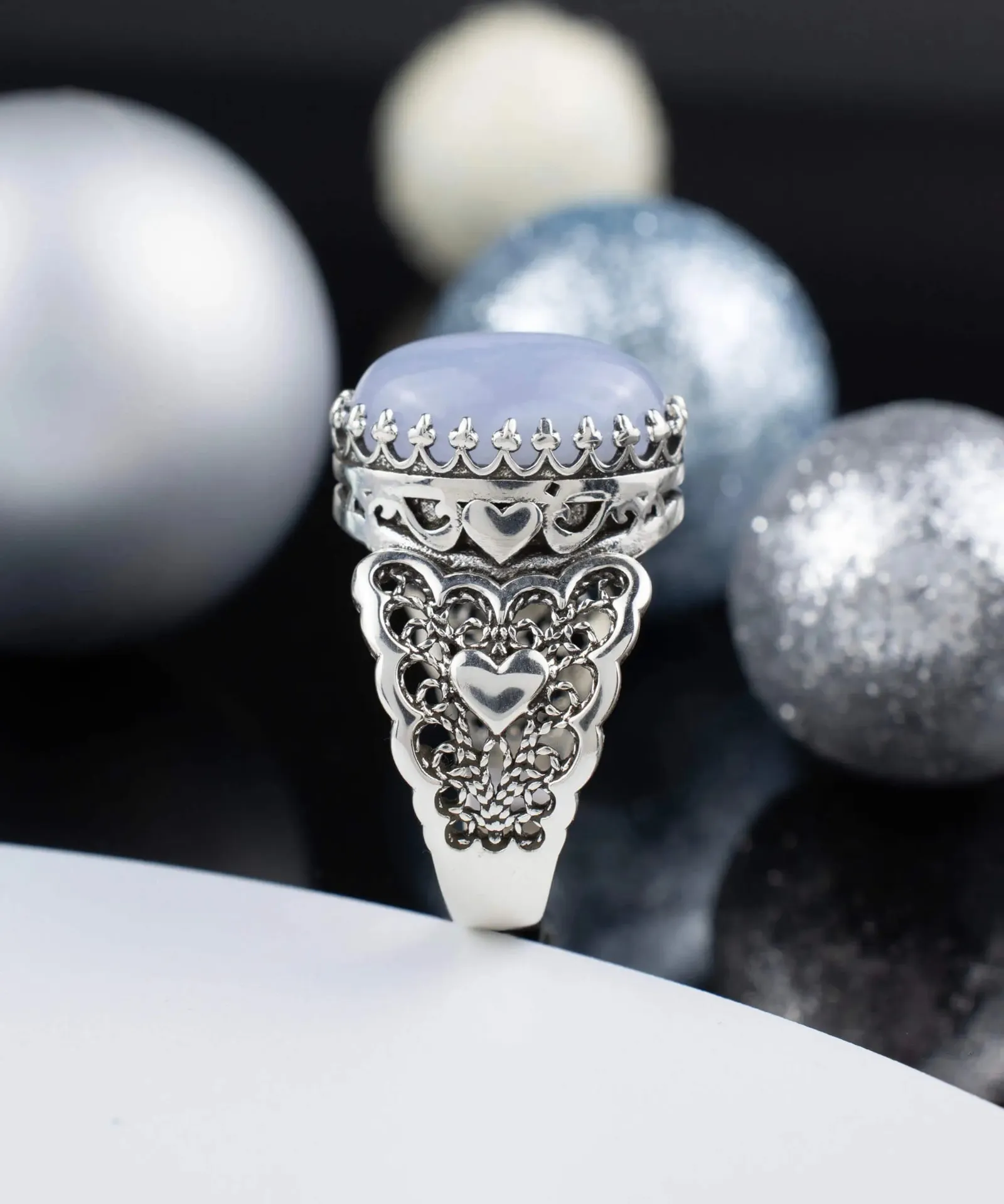Romantic Blue Lace Agate Heart Sterling Silver Ring - Perfect Valentine's Day Gift, Vintage Style, Artistic Jewelry