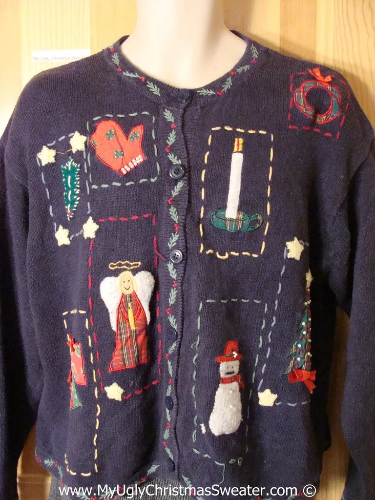 Tacky Christmas Sweater Party Ugly Sweater with Crafty Patchwork Embroidery (f862)