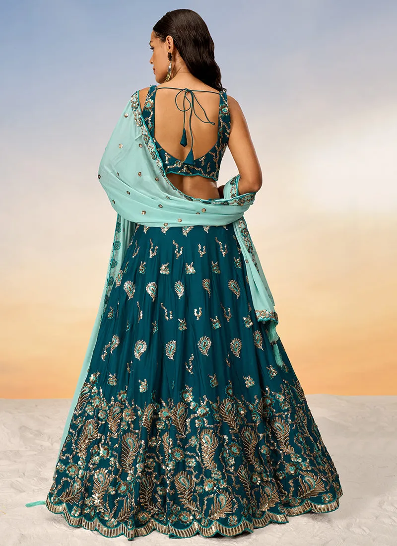 Teal And Mint Green Bridal Embroidered Lehenga Choli