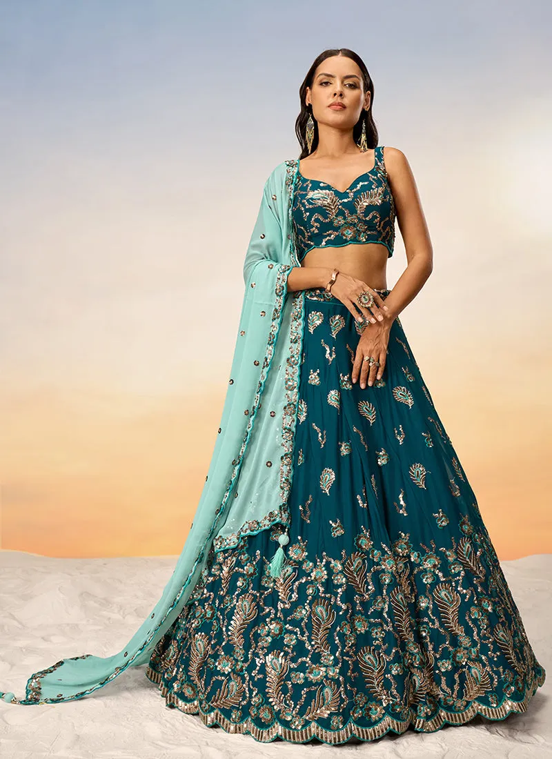 Teal And Mint Green Bridal Embroidered Lehenga Choli