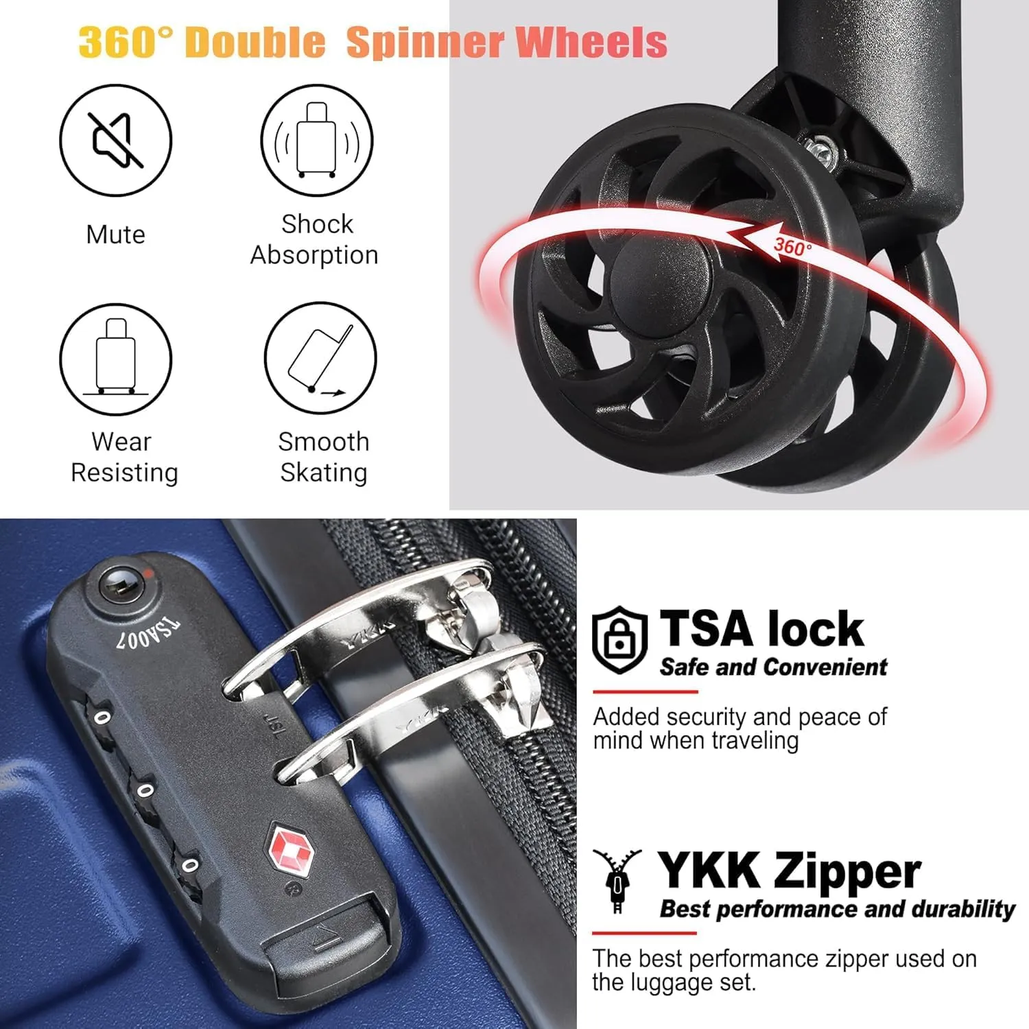 Zebra 20" Expandable Carry-On Luggage Set with TSA Lock, Lightweight Hardshell Suitcase with Spinner Wheels, PC ABS Durable Checked Luggage, Bonus Travel Backpack & Cosmetic Makeup Bag, Dark Navy Blue