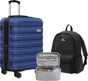 Zebra 20" Expandable Carry-On Luggage Set with TSA Lock, Lightweight Hardshell Suitcase with Spinner Wheels, PC ABS Durable Checked Luggage, Bonus Travel Backpack & Cosmetic Makeup Bag, Dark Navy Blue