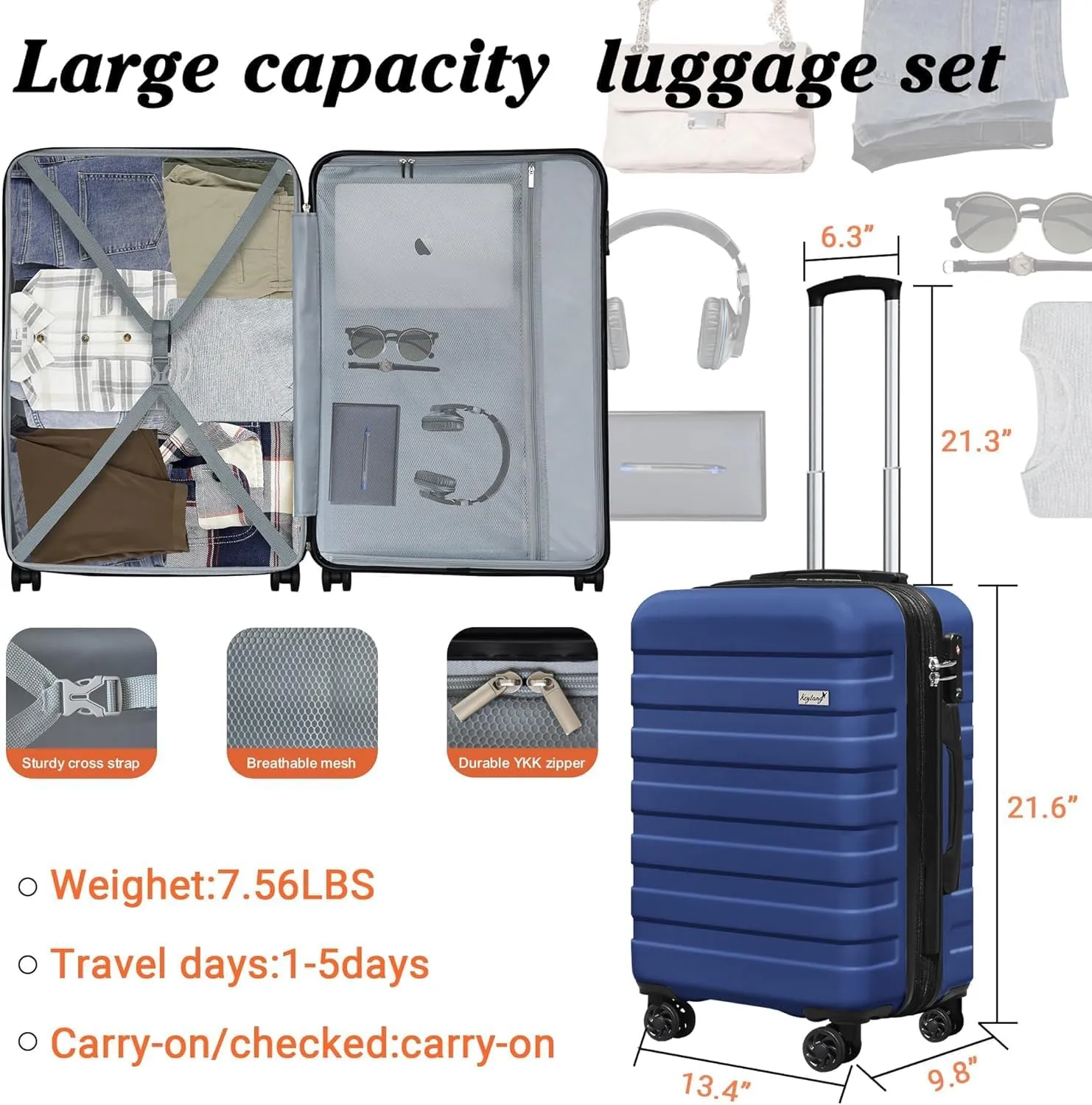 Zebra 20" Expandable Carry-On Luggage Set with TSA Lock, Lightweight Hardshell Suitcase with Spinner Wheels, PC ABS Durable Checked Luggage, Bonus Travel Backpack & Cosmetic Makeup Bag, Dark Navy Blue